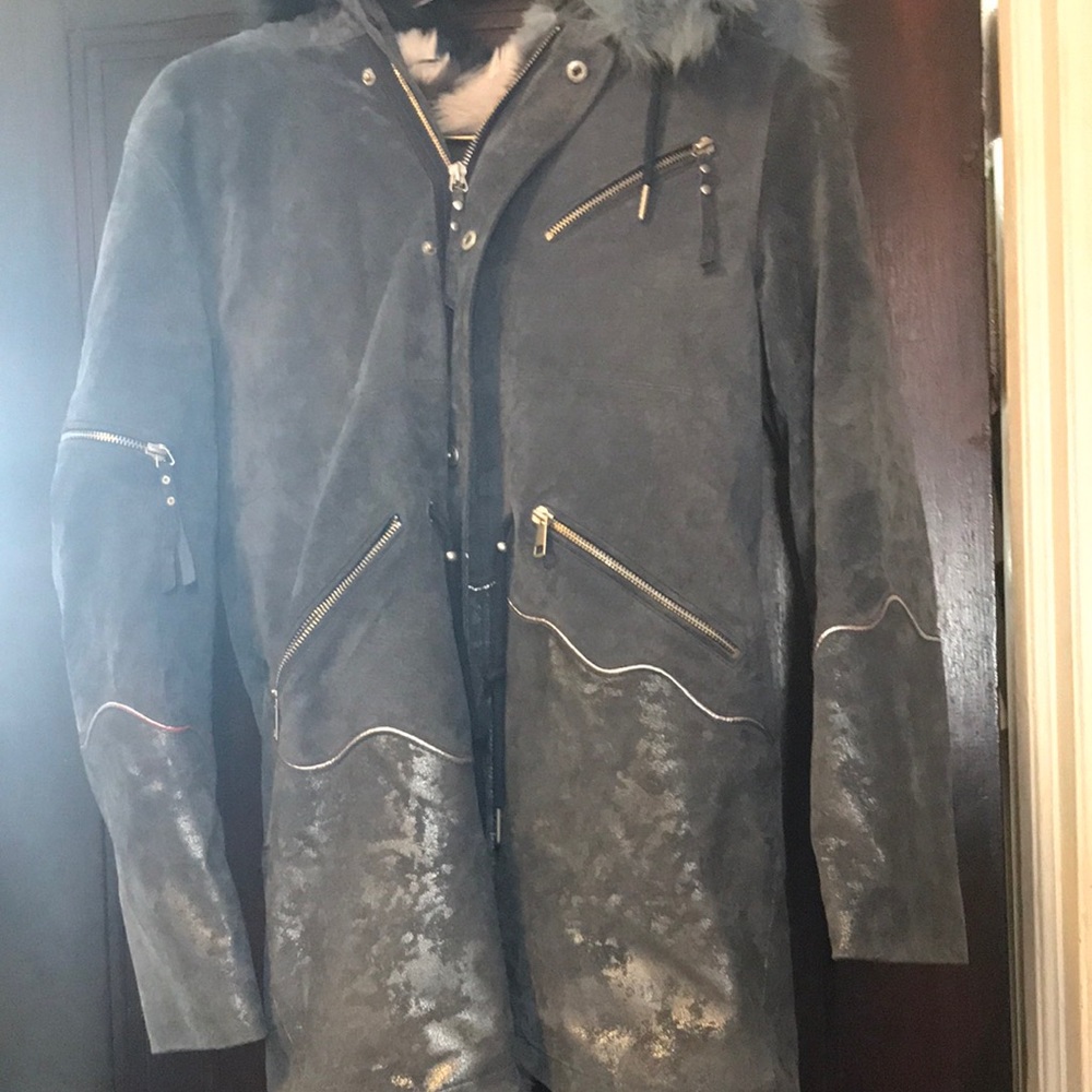 Grey suede faux fur-lined hooded coat from Bagatelle NYC.